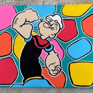 Popeye 16”x20”- Canvas Artwork, Cartoon Painting, Pop Art, Acrylic Painting, Vibrant Background, Wall Decor
