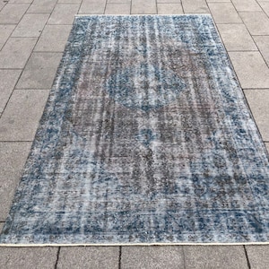 4’9” x 9’1” Turkish Handmade Gray Bedroom Rug, Floral Deco Blue Rug, Nomadic Turquoise Vintage Rug
