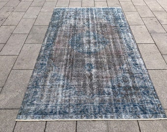 4’9” x 9’1” Turkish Handmade Gray Bedroom Rug, Floral Deco Blue Rug, Nomadic Turquoise Vintage Rug