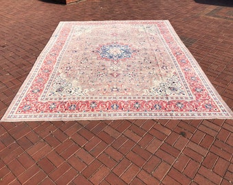 9'7" x 12'7" Light Purple Oriental Floral Rug, Vintage Turkish Nomadic Red Oversize Carpet, Ottoman Handwoven Short Hair Carpet