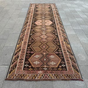 4’8” x 15’2” Turkish Old Art Brown Living Room Kilim, Geometric Design Cream Color Kitchen Kilim, Turkish Home Deco Yellow Bedroom Kilim Rug