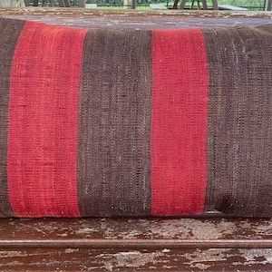 16&quot; x 28&quot; Old Handmade Striped Pillow Case, Turkish Kilim Pillow Case, Natural Red Pillow Case, Brown Deco Pillow Case