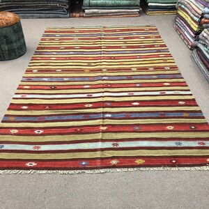 5&#39;5&quot; x 8&#39;6&quot; Wool Striped Kilim Rug, Vintage Living Room Area Rug, Red Patio Rug, Light Brown Office Tribal Kilim Rug, Geometric Office Rug