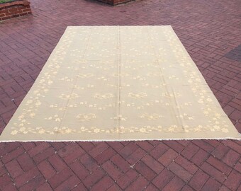 8'2" x 11'7" Pastel Beige Oriental Floral Living Room Turkish Oversize Rug, Handwoven Oushak Boho Cream Kilim Rug, Light Green Art Kilim Rug
