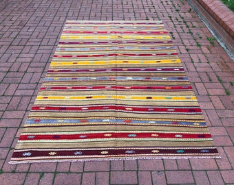 5'6" x 8'7" Organic Vintage Camel Color Striped Kilim Rug, Turkish Red Nomadic Kitchen Rug, Farmhouse Boho Rug, Yellow Office Rug