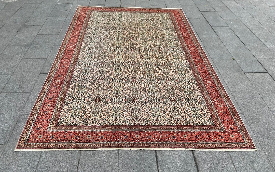 6'5 X 9'6 Turkish Floral Beige Kitchen Rug, Outdoor Deco Red Area Rug