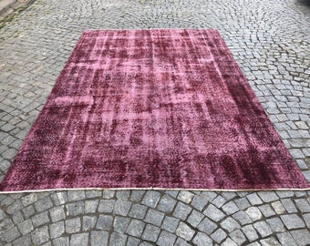 6'7" x 10' Burgundy Red Vintage Rug, Oriental Oushak Area Rug, Handmade Farmhouse Rug, Over Dye Eclectic Rug, Antique Living Room Rug