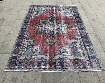5'6" x 8'2" Turkish Anatolian Nomadic Burgundy Rug, Deco Handwoven Gray Vintage Rug, Oriental Navy Blue Bedroom Rug