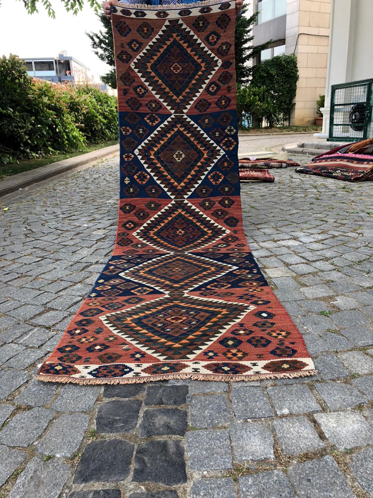Red and Blue Colored Rug With Triangle Patterned Rug Runner, Entryway