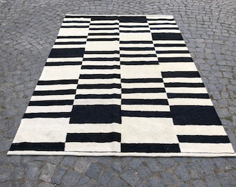5'2 "x 7'6" wollen tapijt, Turks Anatolisch kelim tapijt, zwart tapijt, wit tapijt, handgemaakte kelim, vintage vloerkleed, eclectisch buitenkleed, Boho-tapijt