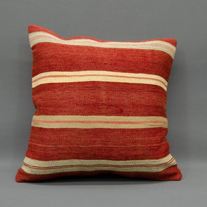 20&quot; x 20&quot; Red Striped Kilim Rug Tribal Vintage Pillow, Oriental Square Old Pillow, Handwoven Living Room Armchair Pillow, Deco Pillow Case