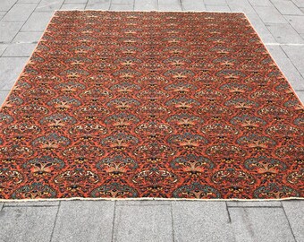 7'5" x 9'8" Oushak Handwoven Orange Luxury Carpet Rug, Turkish Anatolian Vintage Blue Rug, Large Deco Soft Rug, Art Living Room Boho Rug
