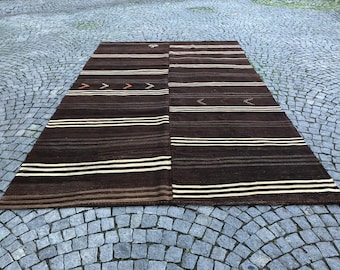 8’ x 13’1” Striped Kilim Rug, Turkish Anatolian Dark Brown Rug, Vintage Farmhouse Dining Rug, Natural Wool Rug, Large Living Room Rug