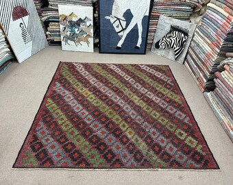 7’2” x 7’2” Turkish Boho Red Bedroom Vintage Rug, Nomadic Green Kilim Rug, Turkish Deco Blue Large Kilim