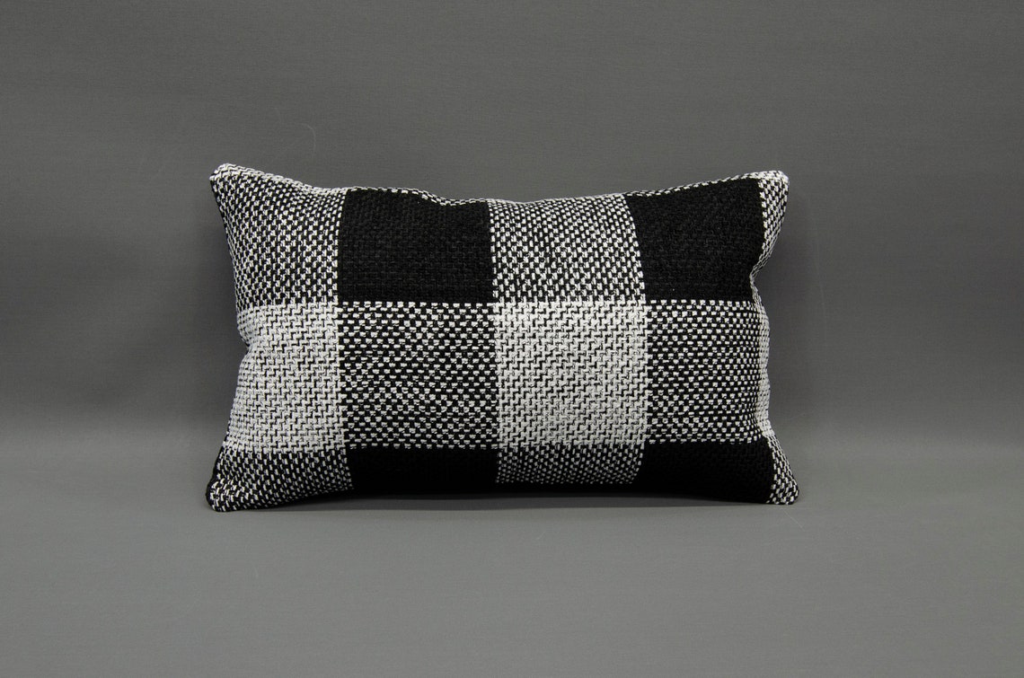 12 X 20 Black Pillow, Handwoven Oushak Pillow, Bohemian White Pillow