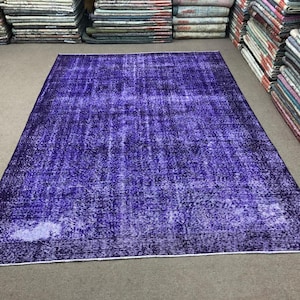 6&#39;7&quot; x 9&#39;7&quot; Modern Light Purple Oriental Living Room Area Rug, Handwoven Bohemian Dark Purple Old Rug, Turkish Vintage Floral Eclectic Rug