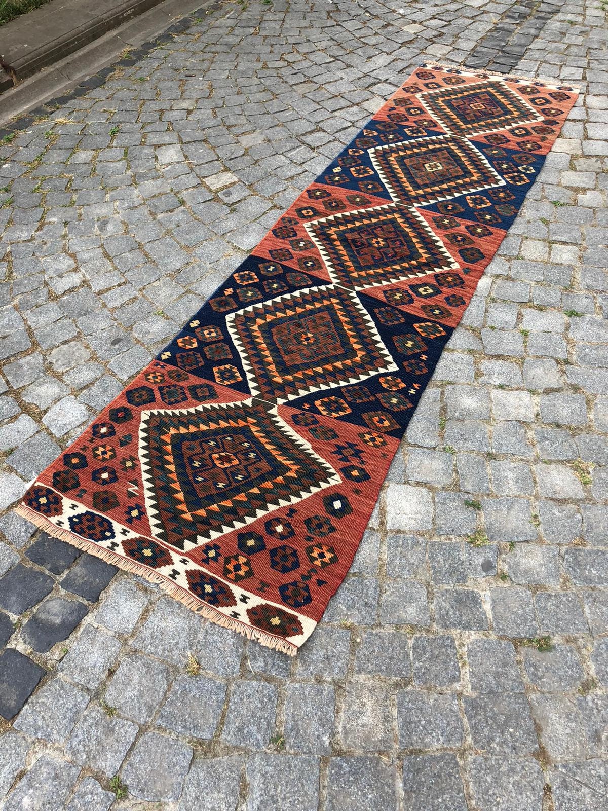 Red and Blue Colored Rug With Triangle Patterned Rug Runner, Entryway