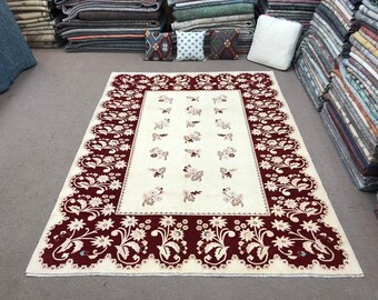 6'5" x 8'5" Dark Red Turkish Anatolian Rug, Natural Wool Rug, Organic Cotton Rug, Living Room Rug, Rustic Decorative Rug, Floral Antique Rug