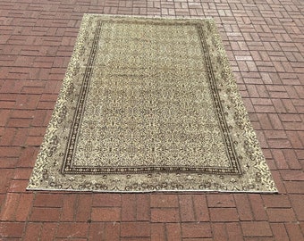 6'1" x 8'7" Turkish Nomadic Beige Area Rug, Turkish Art Brown Outdoor Rug, Turkish Floral Vintage Rug