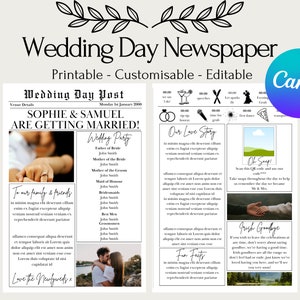 Könnte beinhalten: Eine druckbare Hochzeitszeitungsvorlage mit der Überschrift "Wedding Day Newspaper". Das Design umfasst Abschnitte für Veranstaltungsdetails, Informationen zur Hochzeitsgesellschaft und eine Liebesgeschichte. Die Vorlage ist anpassbar und editierbar.