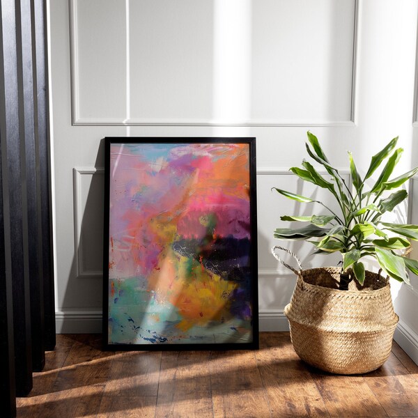 Pink, Orange, Blue, Acrylic Painting, Abstract, Print Painting, Colorful, Color Mix, Nature Life, Print Digital Art.