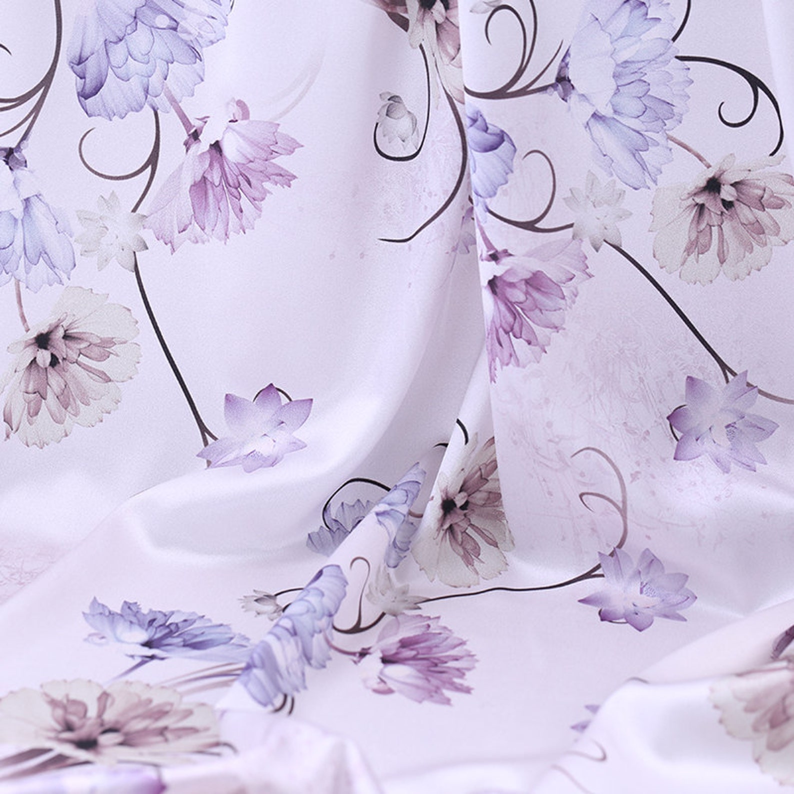 White Fabric Purple Large Flower Pattern Fabric Stretch Silk Etsy