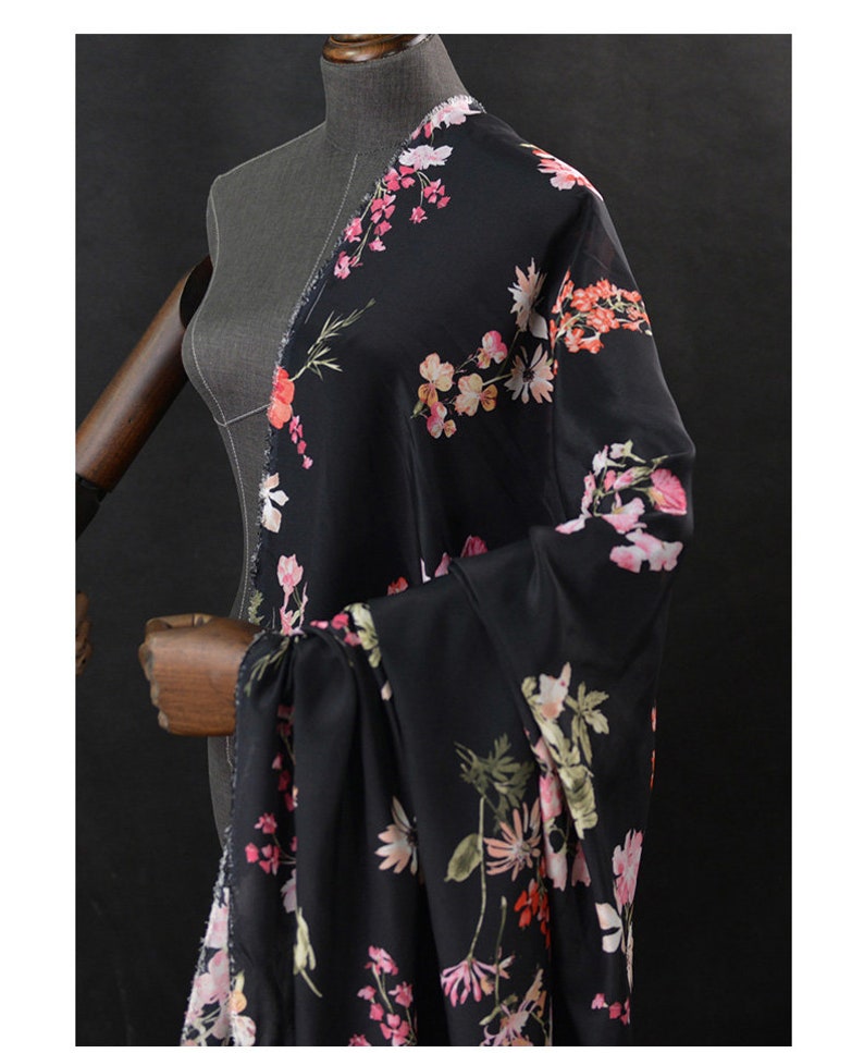 Black fabric white flower pattern printing 100/% Silk Crepe de Chine fabric Width 53 inch