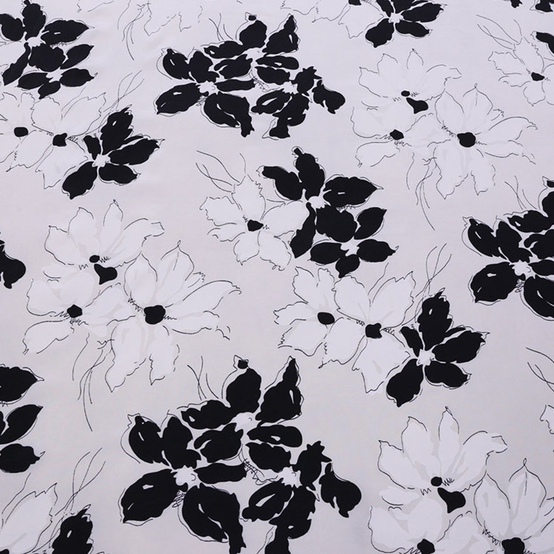 White fabric black flower pattern printing 100 Silk Crepe de Etsy