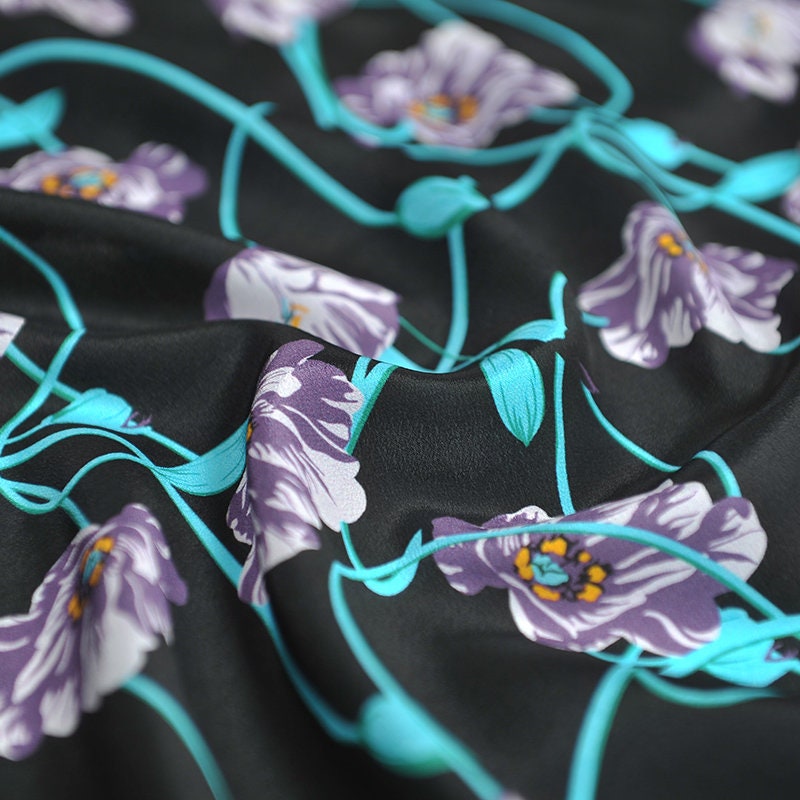 Purple Flower Printed Pattern Fabric 100% Silk Crepe De Chine - Etsy