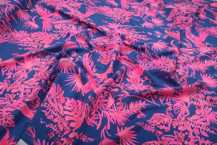 Blue Fabric. Pink Pattern Printed Fabric 100% Silk Crepe De - Etsy