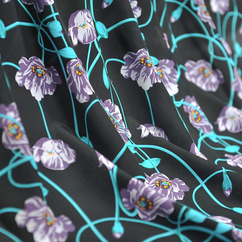 Purple Flower Printed Pattern Fabric 100% Silk Crepe De Chine - Etsy
