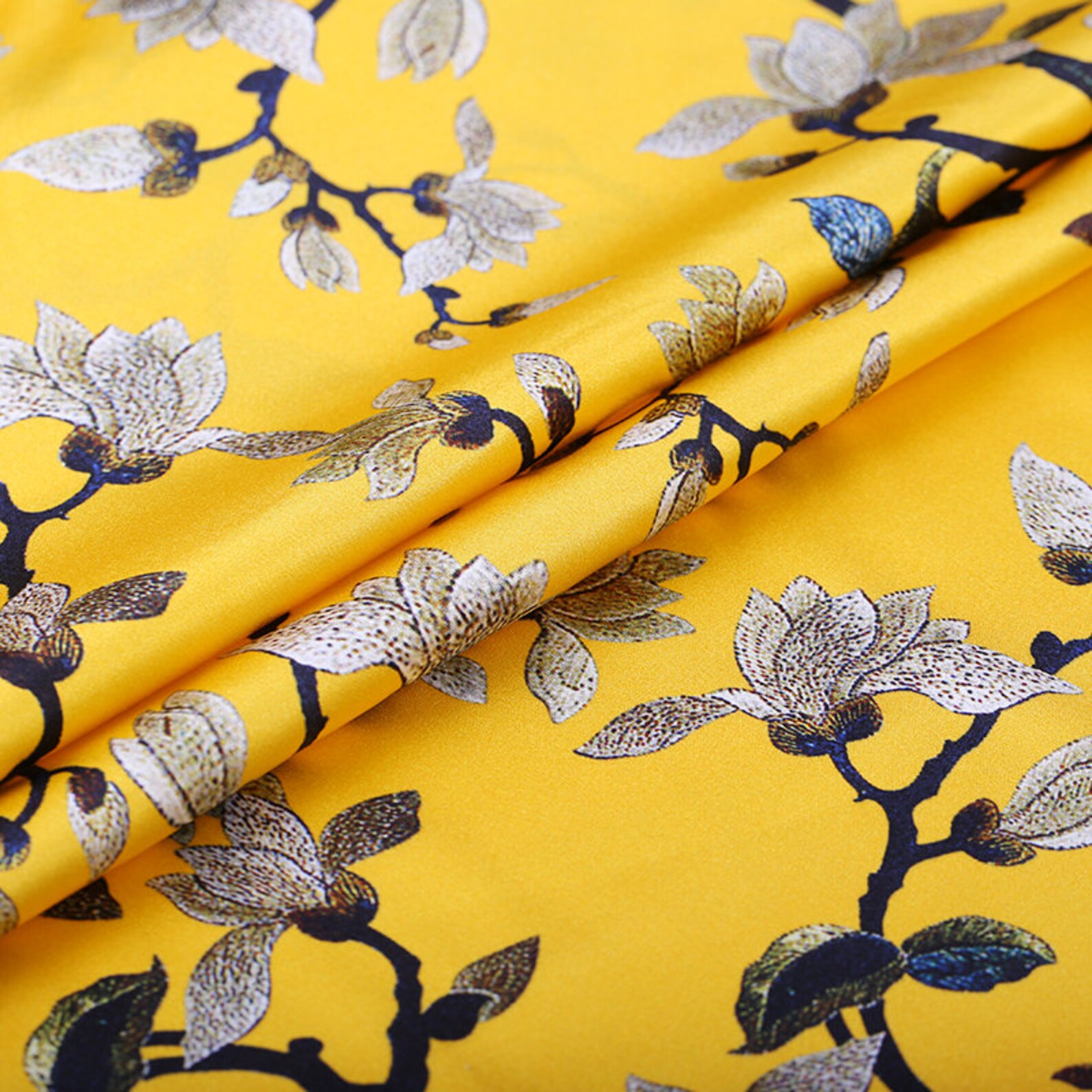 Golden Yellow Fabric Floral Pattern Printing Fabric Stretch Etsy