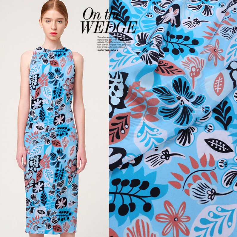 Blue fabric, floral pattern printing fabric 100% Silk Crepe de C Blue fabric, floral pattern printing fabric 100% Silk Crepe de C