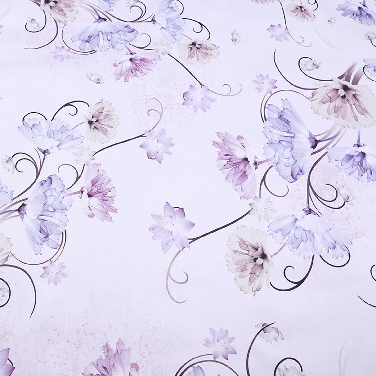 White Fabric Purple Large Flower Pattern Fabric Stretch Silk Etsy