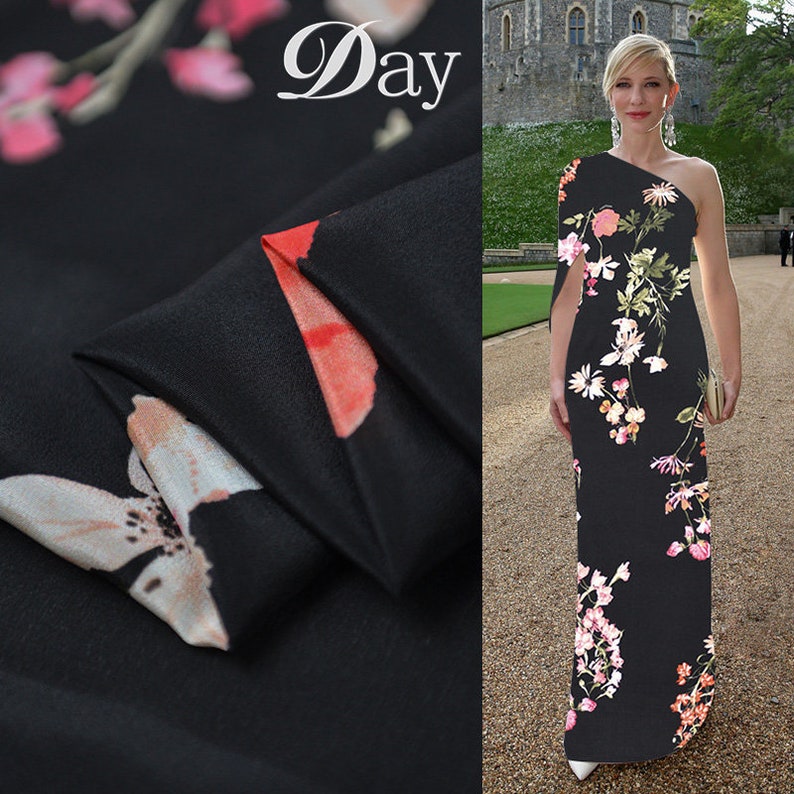 Black fabric white flower pattern printing 100/% Silk Crepe de Chine fabric Width 53 inch