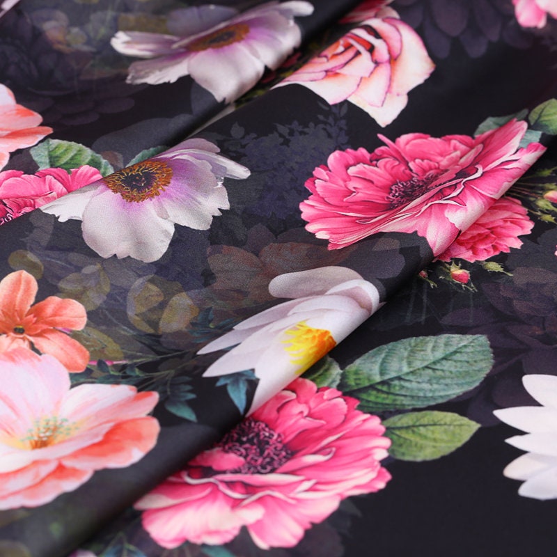 Black Fabric Colorful Flower Pattern Printing Fabric Stretch - Etsy