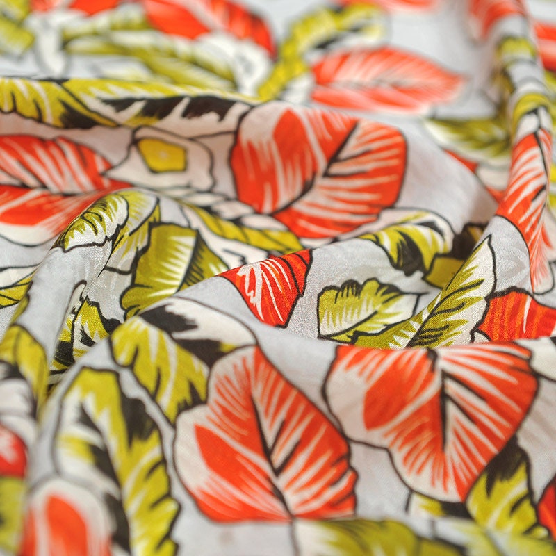 Red Leaf Pattern Printed Fabric 100% Silk Crepe De Chine - Etsy