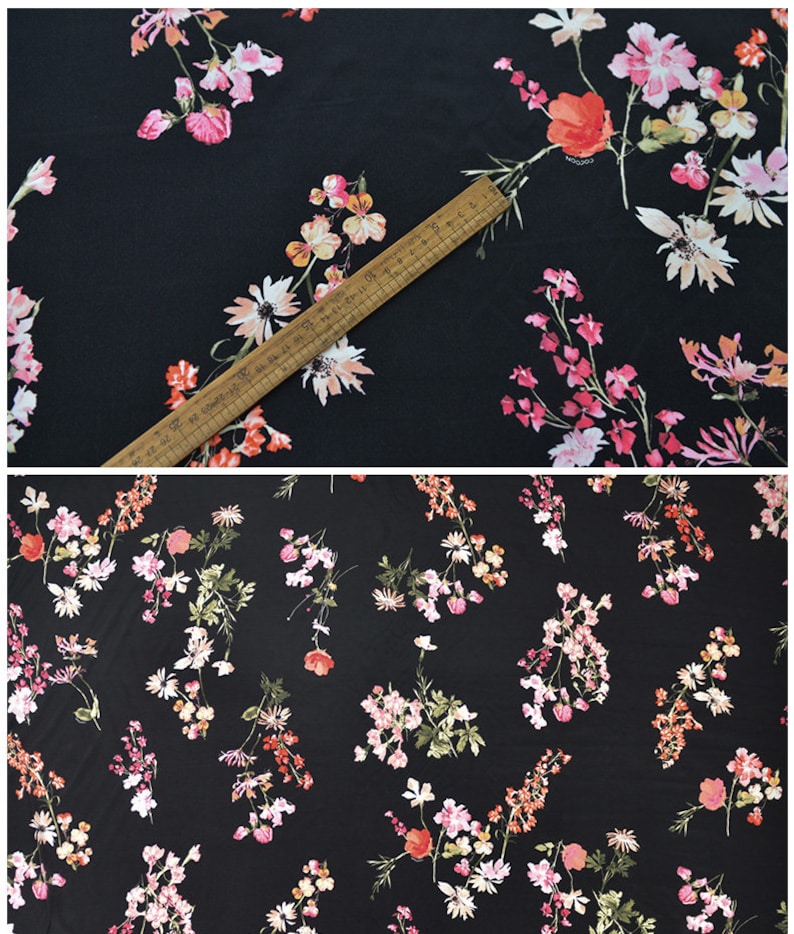Black fabric white flower pattern printing 100/% Silk Crepe de Chine fabric Width 53 inch
