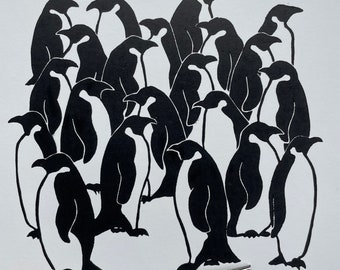 Huddle - Limited Edition Handprinted Penguin Linocut | Signed and dated | Unframed