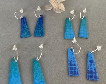 Enamel drop earrings shades of blue and turquoise , silver hooks - trapezoid