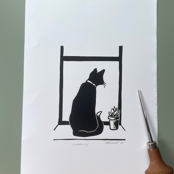 WATCHING original cat Lino print unframed