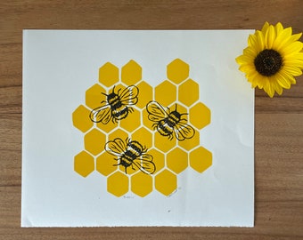 Buzzin Original Multi Block Lino Print | Signed | Bees |Honeycomb