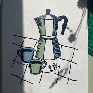 Moka Pot Lino Print: Blue & Green Coffee Art on Japanese HoSho Paper