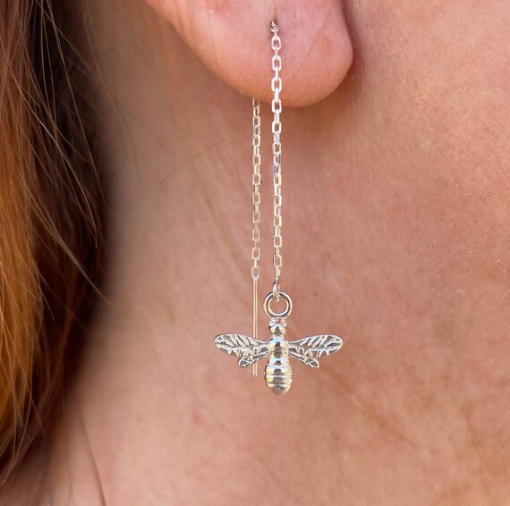 Sterling Silver Bee Threader Earrings Etsy