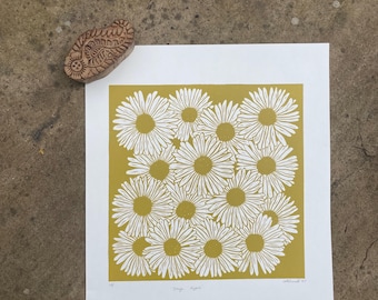 Days Eyes , Daisy Original Lino Print in Mustard Yellow | Signed, Dated
