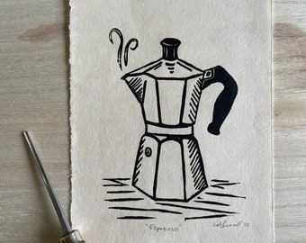Espresso Moka Coffee Pot Hand Printed Linocut | signed, dated | unframed