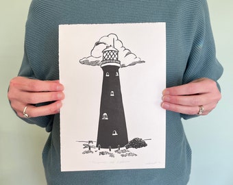 Dungeness Old Lighthouse Original Lino Print Unframed