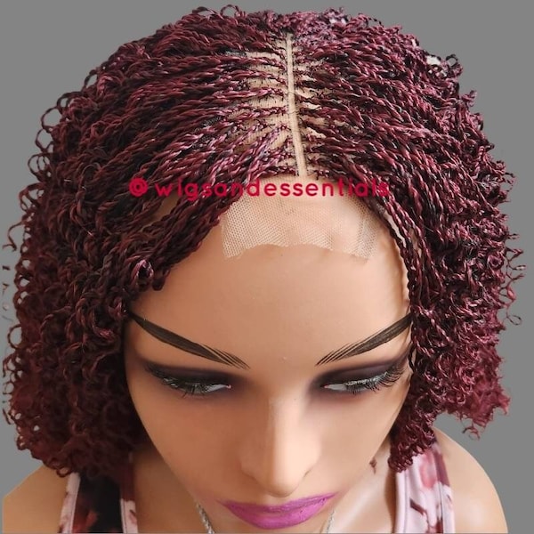 Davina micro twist wig, wigs for black women, braided wigs, curly wigs, human hair closure wigs, burgundy twist, ready to ship wig