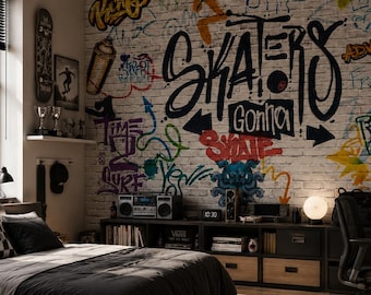 Papel de parede com grafite, mural de parede com skate, papel de parede com arte urbana de rua, decoração para quarto de adolescente, mural de parede com tijolos brancos