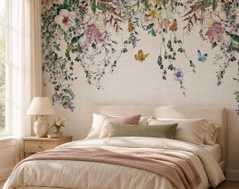 Floral Wallpaper, Watercolor Botanical Wall Mural, Romantic Flower Wallpaper for Bedroom & Nursery